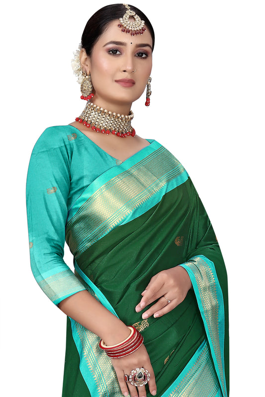 Bt.Green And Light Blue Cotton Silk Saree With Contrast Blouse And Contrast Pallu Allover Zari Butta