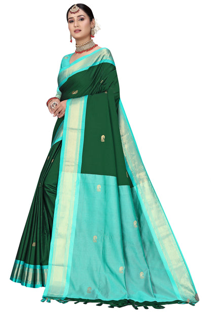 Bt.Green And Light Blue Cotton Silk Saree With Contrast Blouse And Contrast Pallu Allover Zari Butta