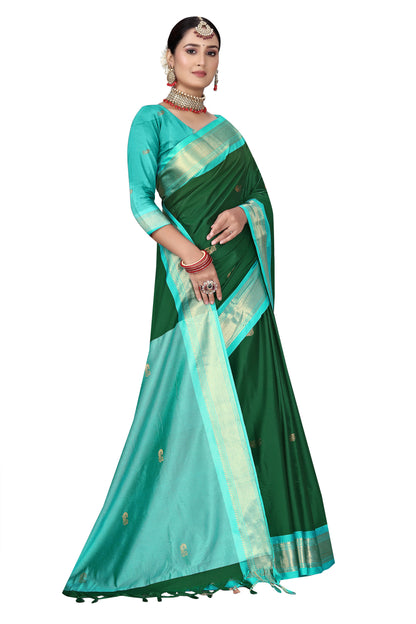 Bt.Green And Light Blue Cotton Silk Saree With Contrast Blouse And Contrast Pallu Allover Zari Butta