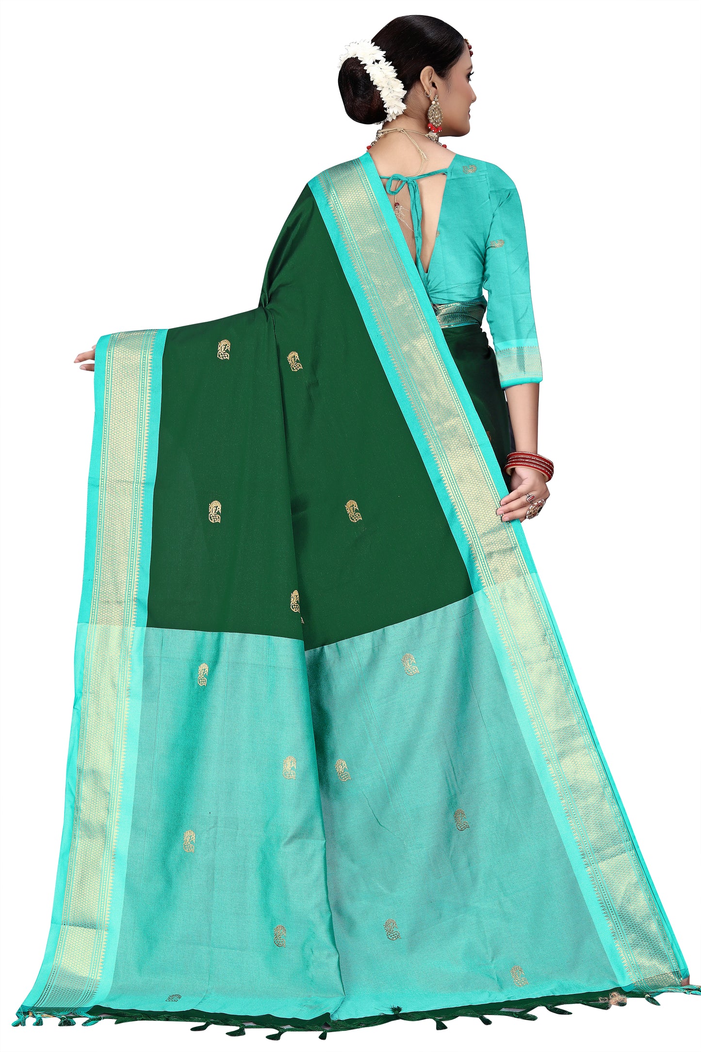 Bt.Green And Light Blue Cotton Silk Saree With Contrast Blouse And Contrast Pallu Allover Zari Butta