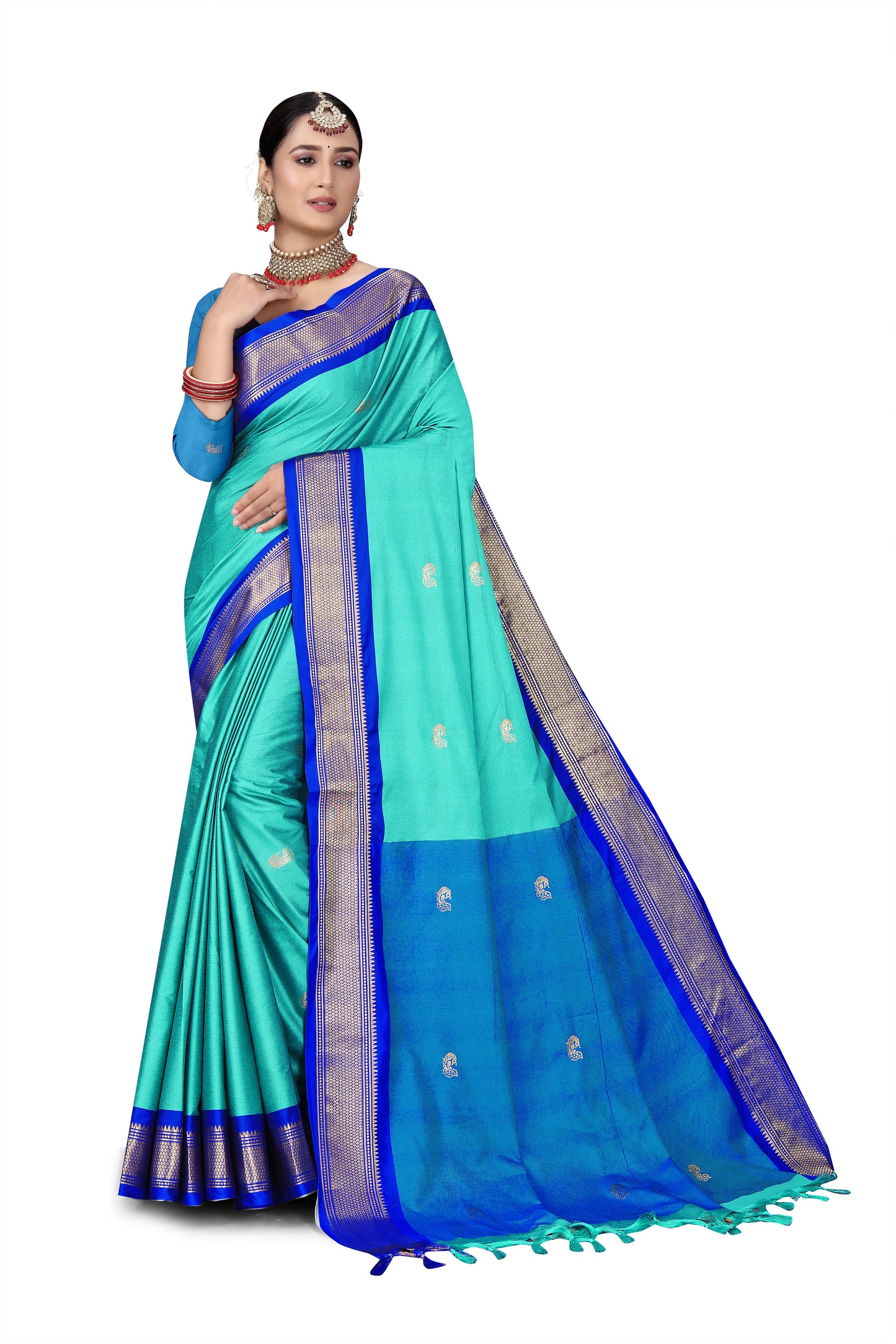 C-Green And R.Blue Paithani Cotton Silk Saree With Contrast Blouse And Contrast Plain Pallu With Golden Zari Butta