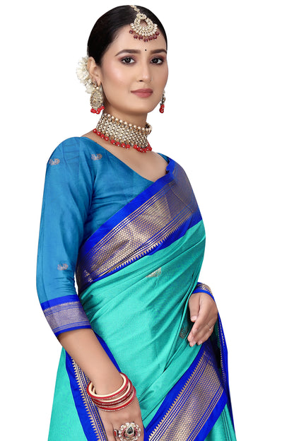 C-Green And R.Blue Paithani Cotton Silk Saree With Contrast Blouse And Contrast Plain Pallu With Golden Zari Butta