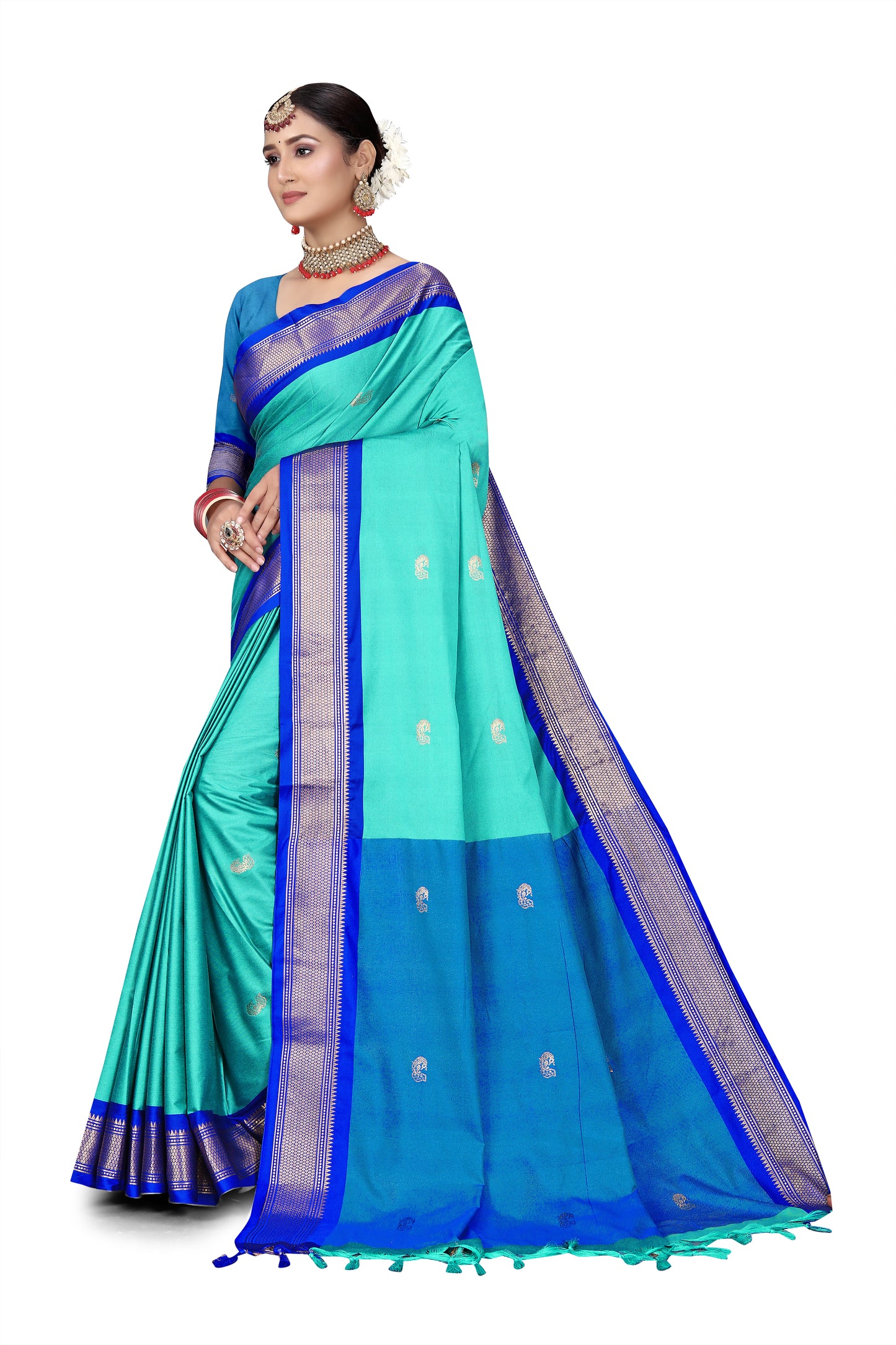 C-Green And R.Blue Paithani Cotton Silk Saree With Contrast Blouse And Contrast Plain Pallu With Golden Zari Butta