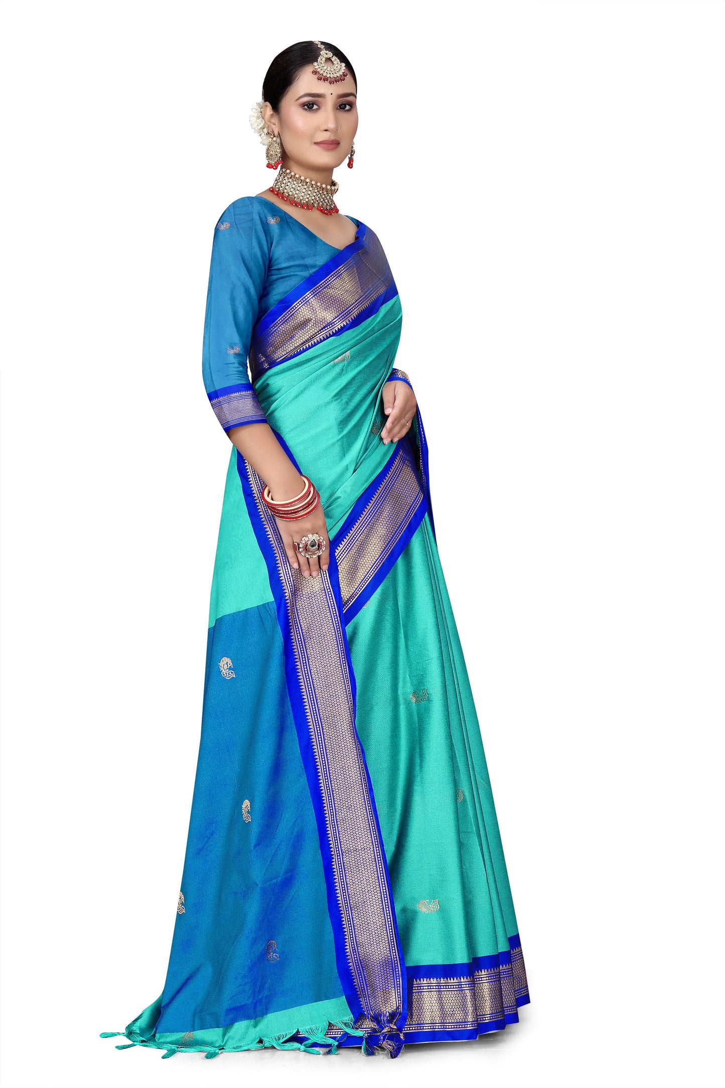 C-Green And R.Blue Paithani Cotton Silk Saree With Contrast Blouse And Contrast Plain Pallu With Golden Zari Butta