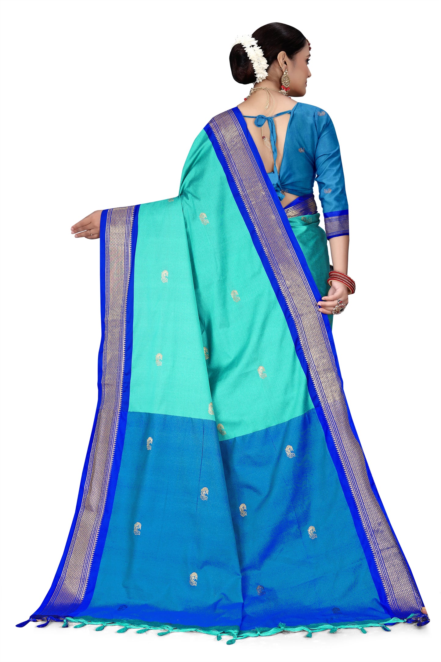 C-Green And R.Blue Paithani Cotton Silk Saree With Contrast Blouse And Contrast Plain Pallu With Golden Zari Butta