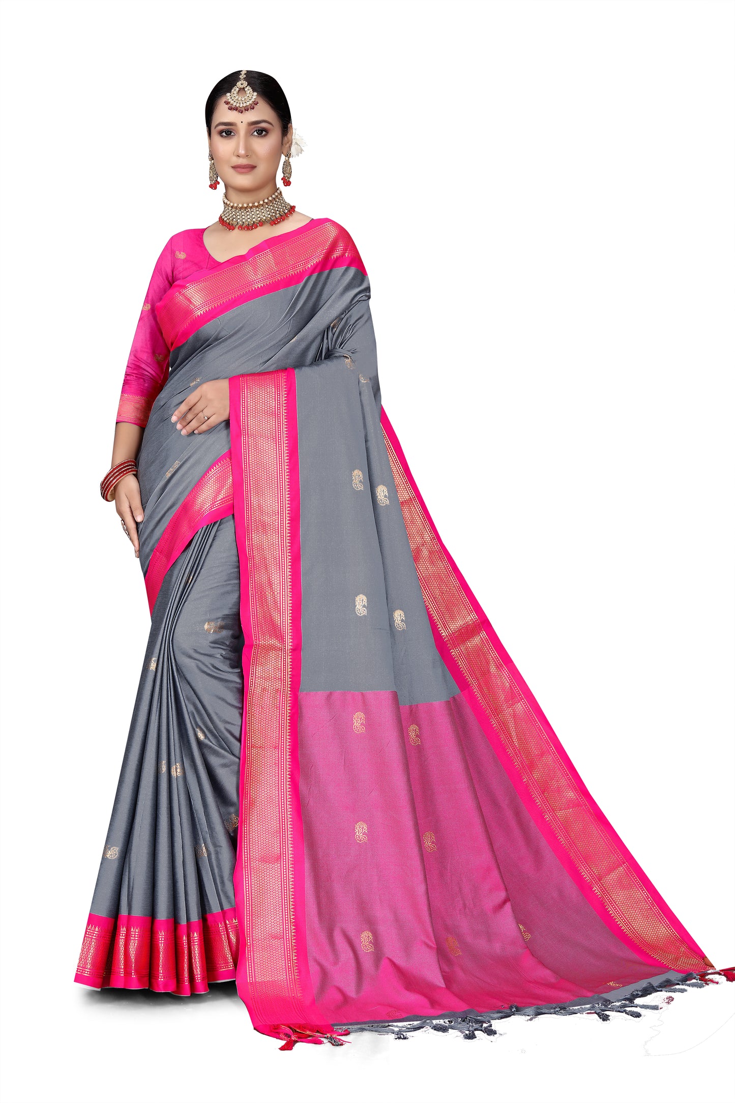 Grey And Pink Cotton Silk Saree With Contrast Blouse And Contrast Pallu Allover Zari Butta