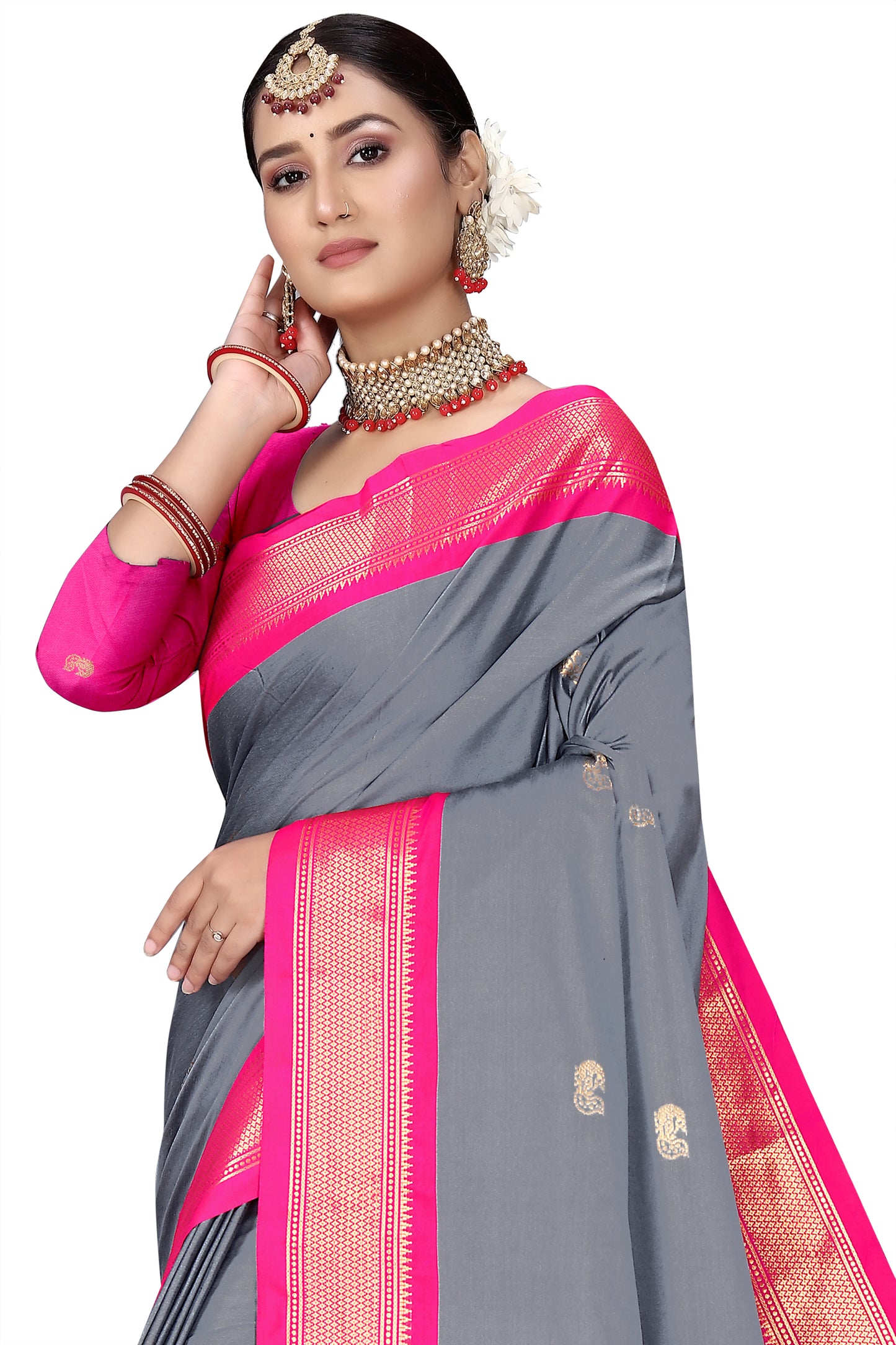 Grey And Pink Cotton Silk Saree With Contrast Blouse And Contrast Pallu Allover Zari Butta