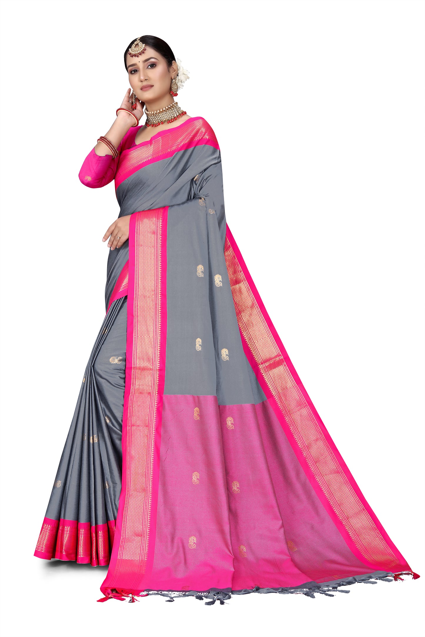 Grey And Pink Cotton Silk Saree With Contrast Blouse And Contrast Pallu Allover Zari Butta