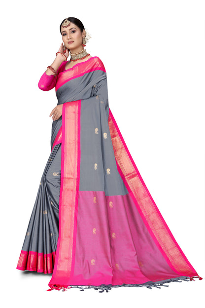 Grey And Pink Cotton Silk Saree With Contrast Blouse And Contrast Pallu Allover Zari Butta