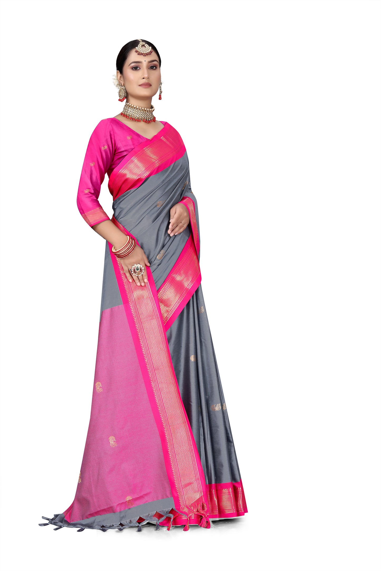 Grey And Pink Cotton Silk Saree With Contrast Blouse And Contrast Pallu Allover Zari Butta