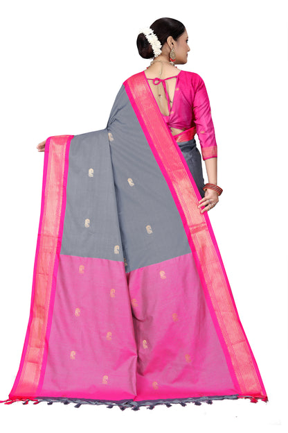 Grey And Pink Cotton Silk Saree With Contrast Blouse And Contrast Pallu Allover Zari Butta