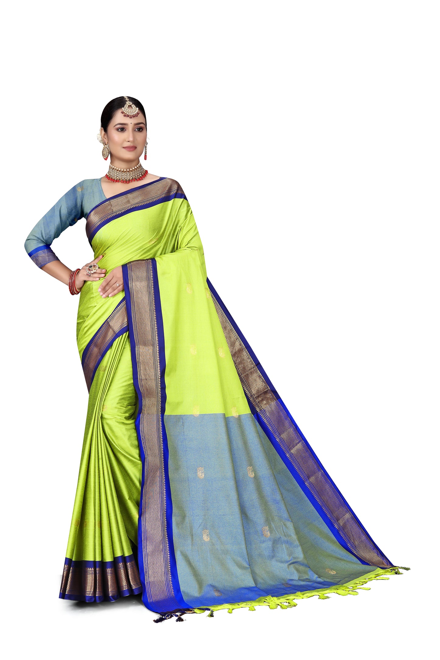 Lemon And Blue Cotton Silk Saree With Contrast Blouse And Contrast Pallu