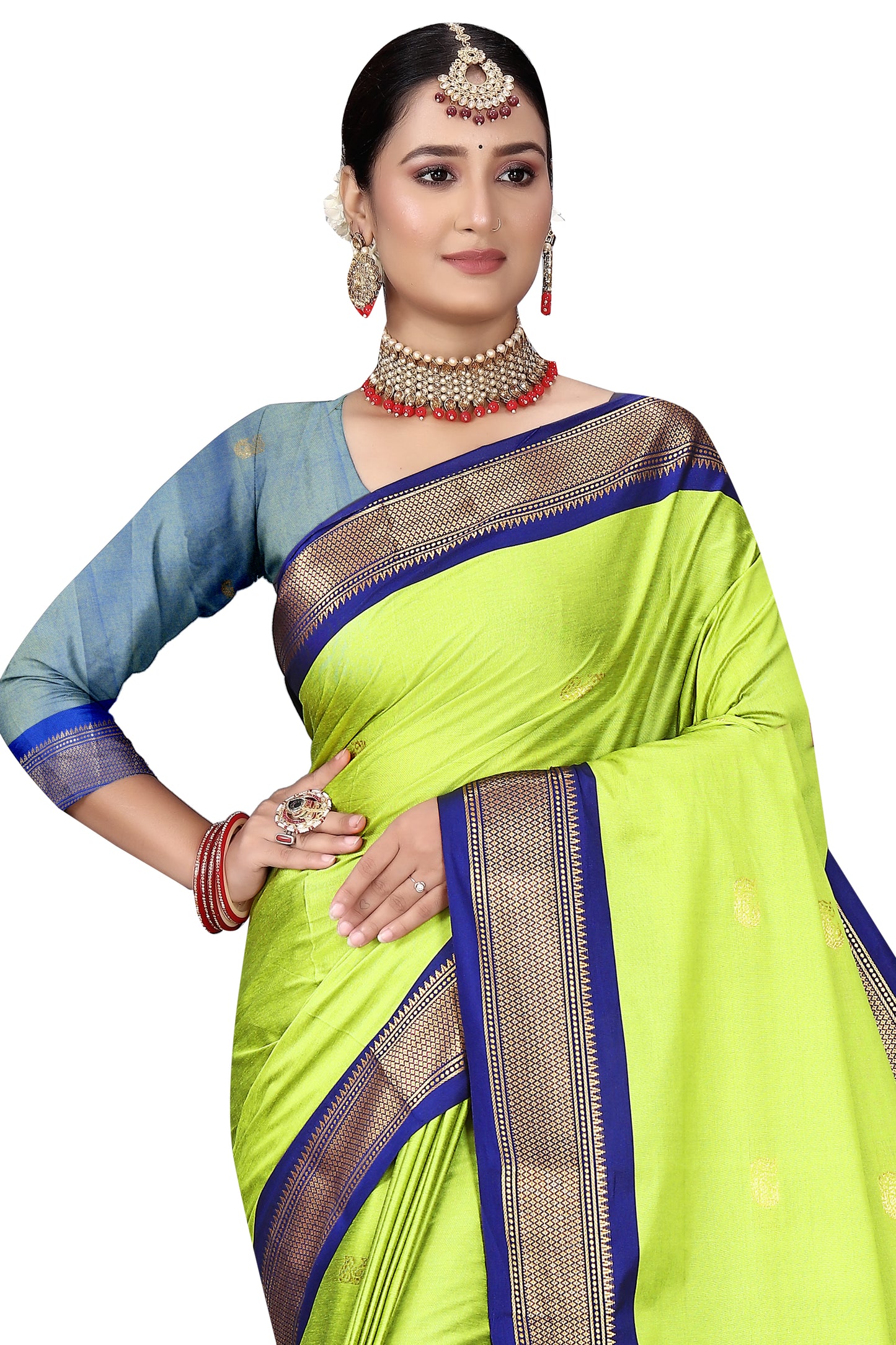 Lemon And Blue Cotton Silk Saree With Contrast Blouse And Contrast Pallu