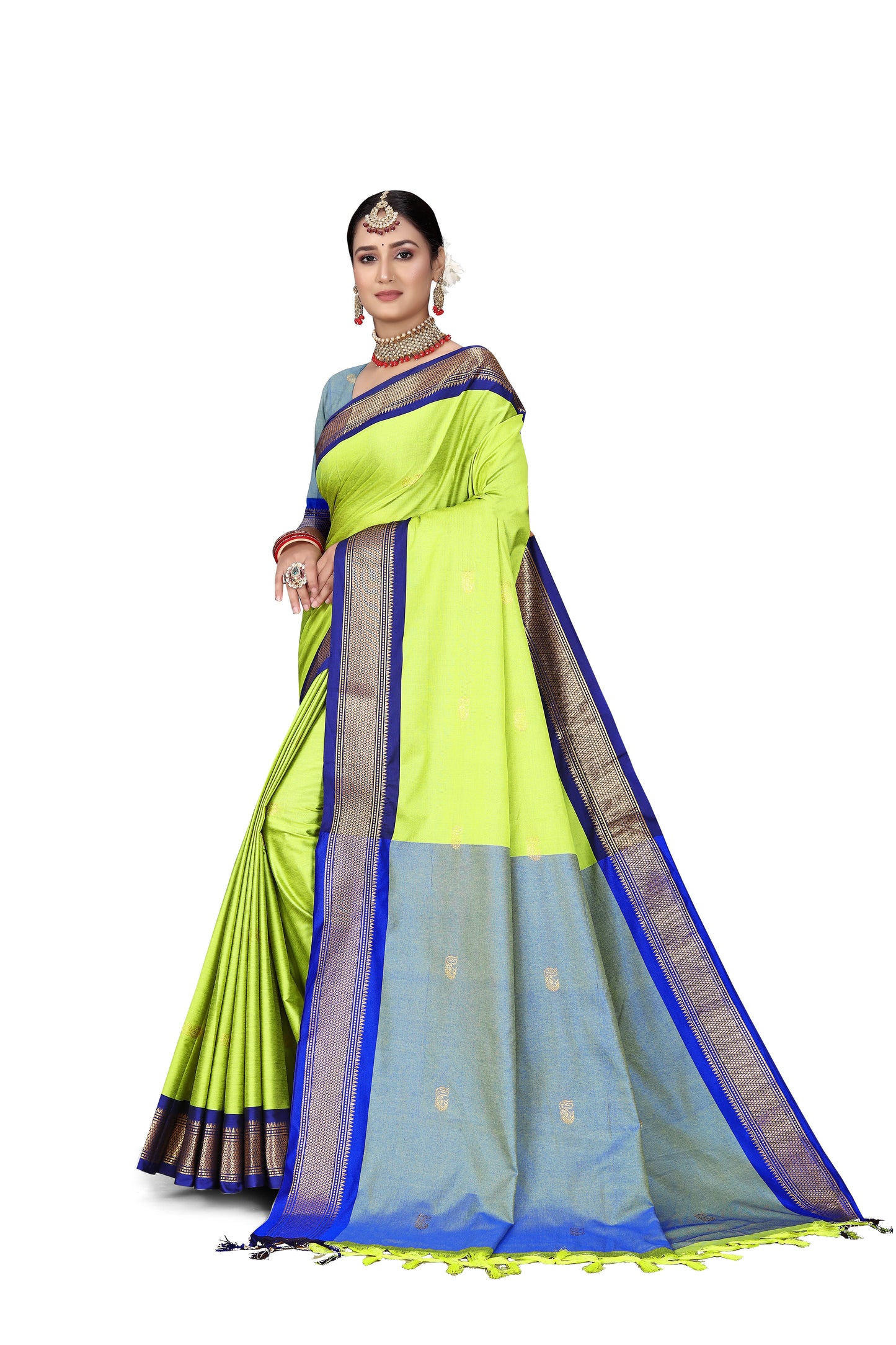 Lemon And Blue Cotton Silk Saree With Contrast Blouse And Contrast Pallu