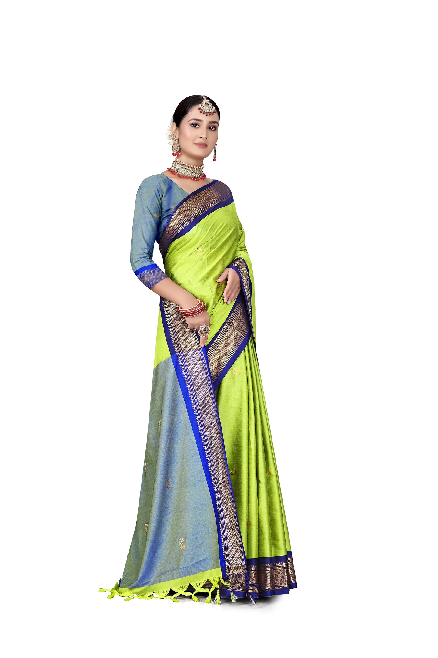 Lemon And Blue Cotton Silk Saree With Contrast Blouse And Contrast Pallu