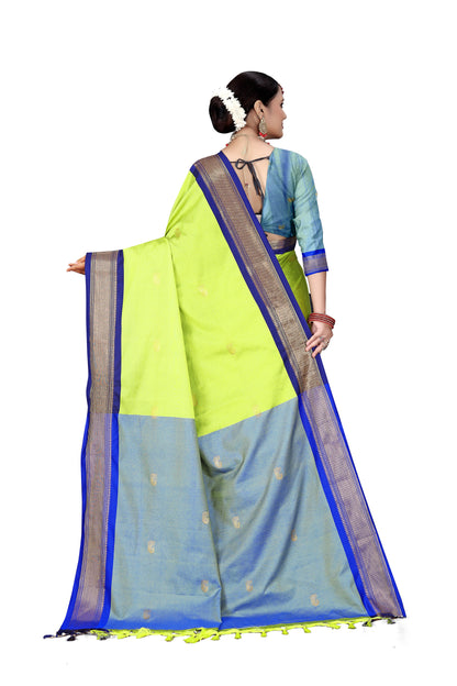 Lemon And Blue Cotton Silk Saree With Contrast Blouse And Contrast Pallu