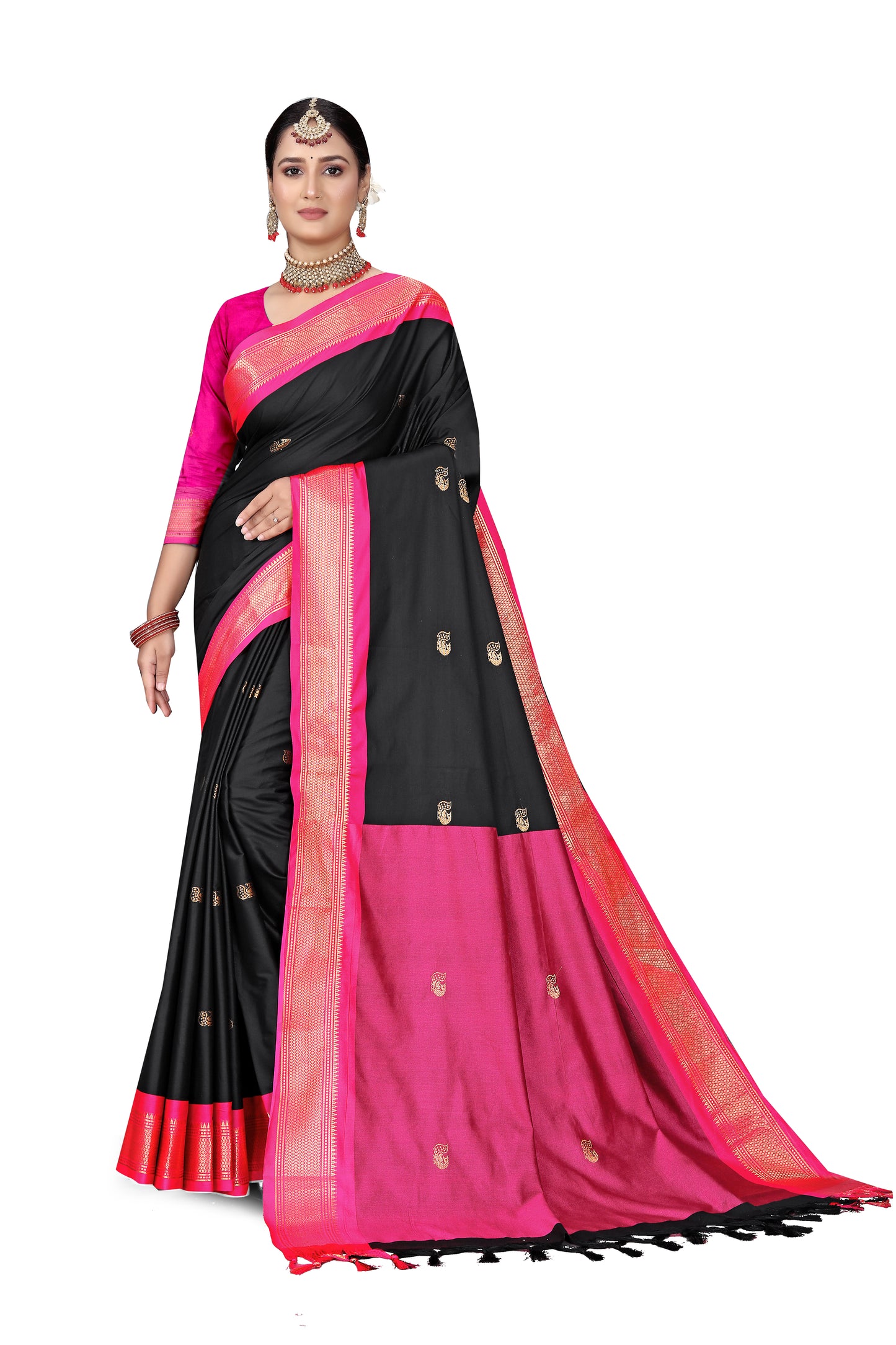 Black And Pink Paithani Cotton Silk Saree With Contrast Blouse And Contrast Plain Pallu With Golden Zari Butta