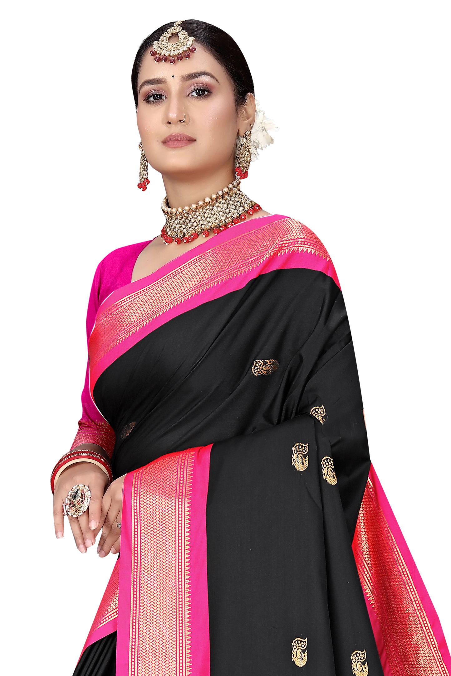 Black And Pink Paithani Cotton Silk Saree With Contrast Blouse And Contrast Plain Pallu With Golden Zari Butta