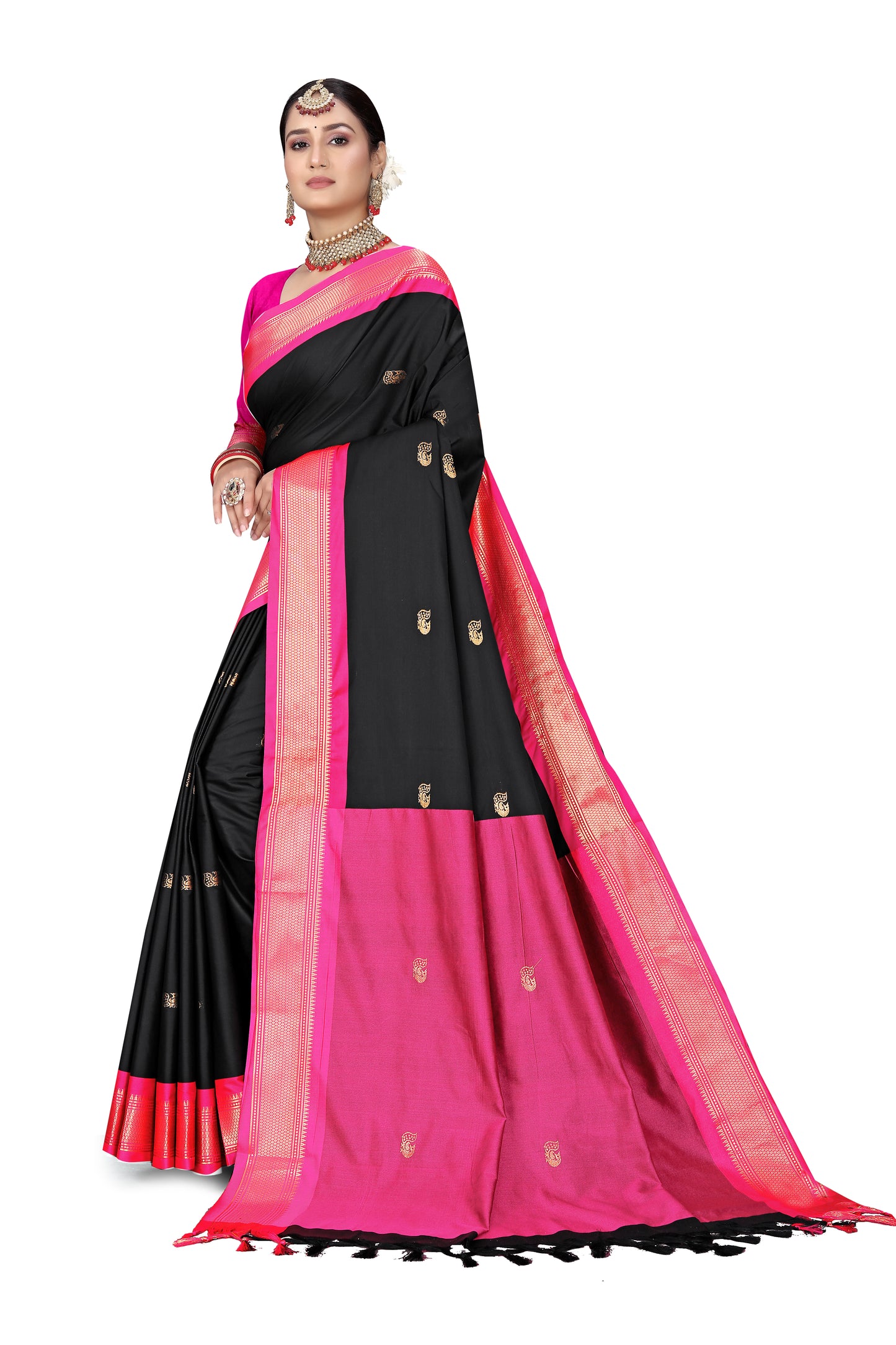 Black And Pink Paithani Cotton Silk Saree With Contrast Blouse And Contrast Plain Pallu With Golden Zari Butta