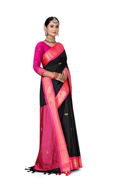 Black And Pink Paithani Cotton Silk Saree With Contrast Blouse And Contrast Plain Pallu With Golden Zari Butta