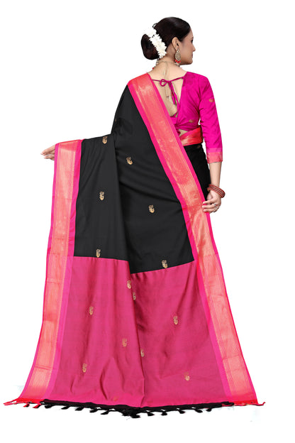 Black And Pink Paithani Cotton Silk Saree With Contrast Blouse And Contrast Plain Pallu With Golden Zari Butta