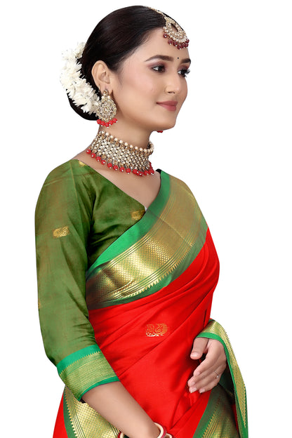 Paithani Sico Saree With Contrast Pallu And Contrast Blouse (Red And Green)