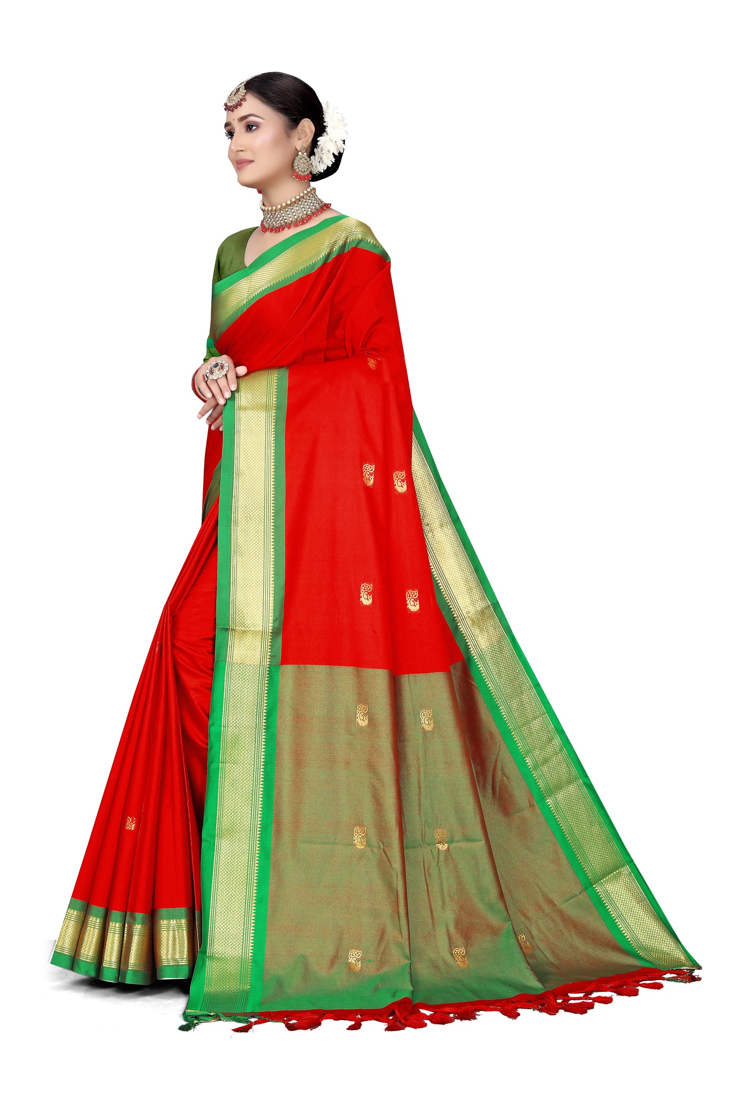 Paithani Sico Saree With Contrast Pallu And Contrast Blouse (Red And Green)