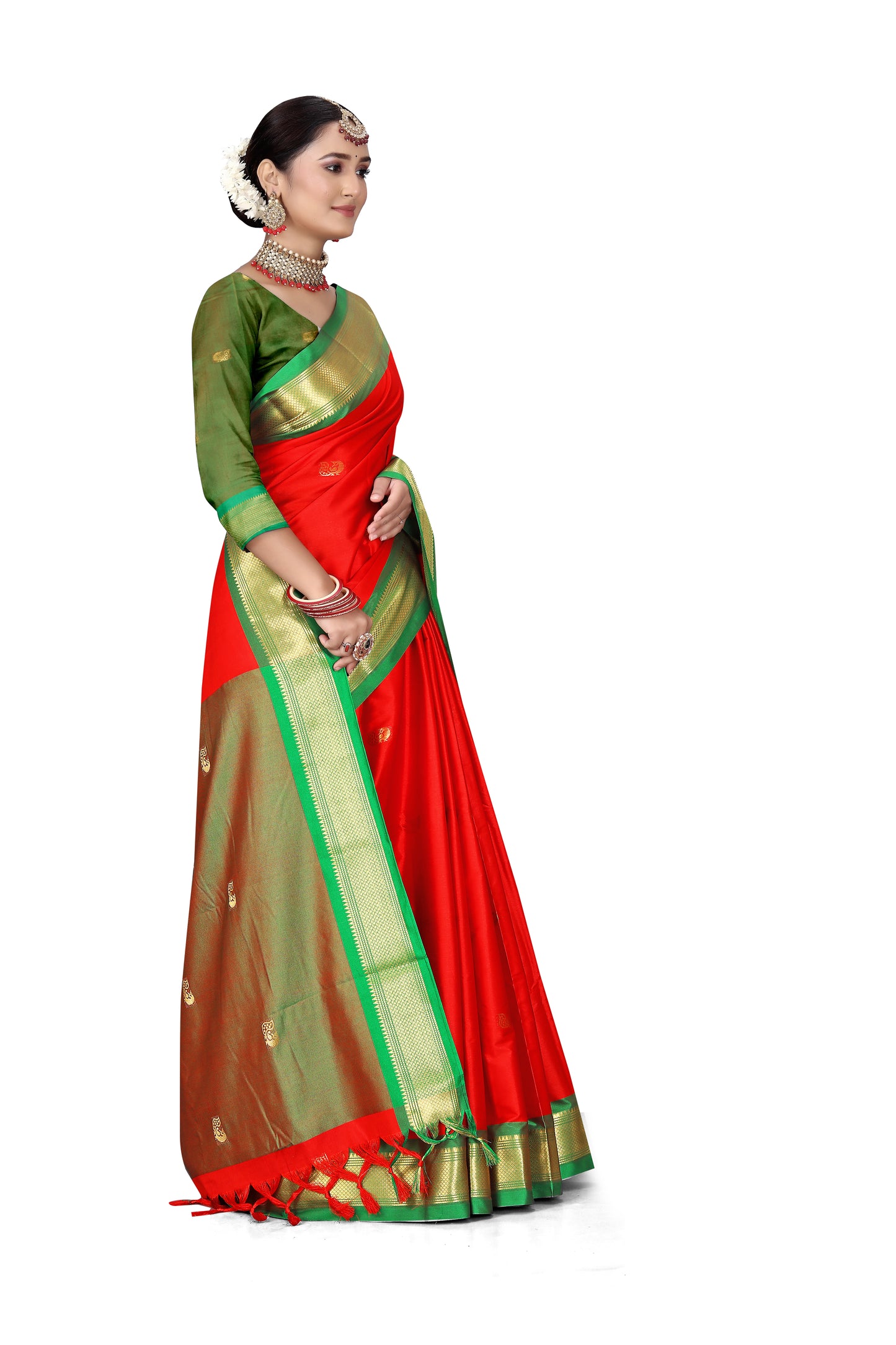 Paithani Sico Saree With Contrast Pallu And Contrast Blouse (Red And Green)