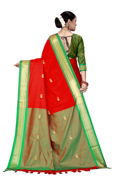 Paithani Sico Saree With Contrast Pallu And Contrast Blouse (Red And Green)