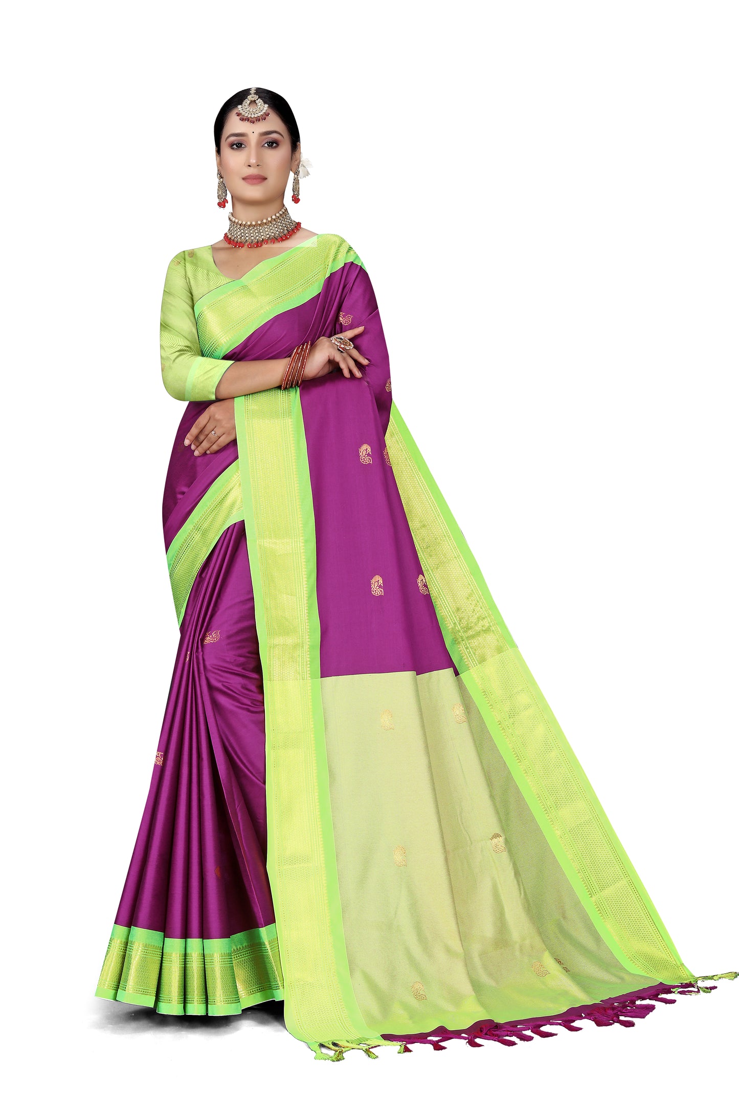 Purple And Light Green Paithani Cotton Silk Saree With Contrast Blouse And Contrast Plain Pallu With Golden Zari Butta