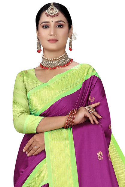 Purple And Light Green Paithani Cotton Silk Saree With Contrast Blouse And Contrast Plain Pallu With Golden Zari Butta