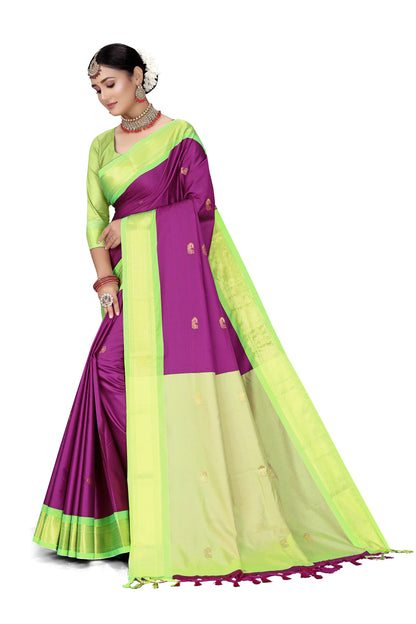 Purple And Light Green Paithani Cotton Silk Saree With Contrast Blouse And Contrast Plain Pallu With Golden Zari Butta