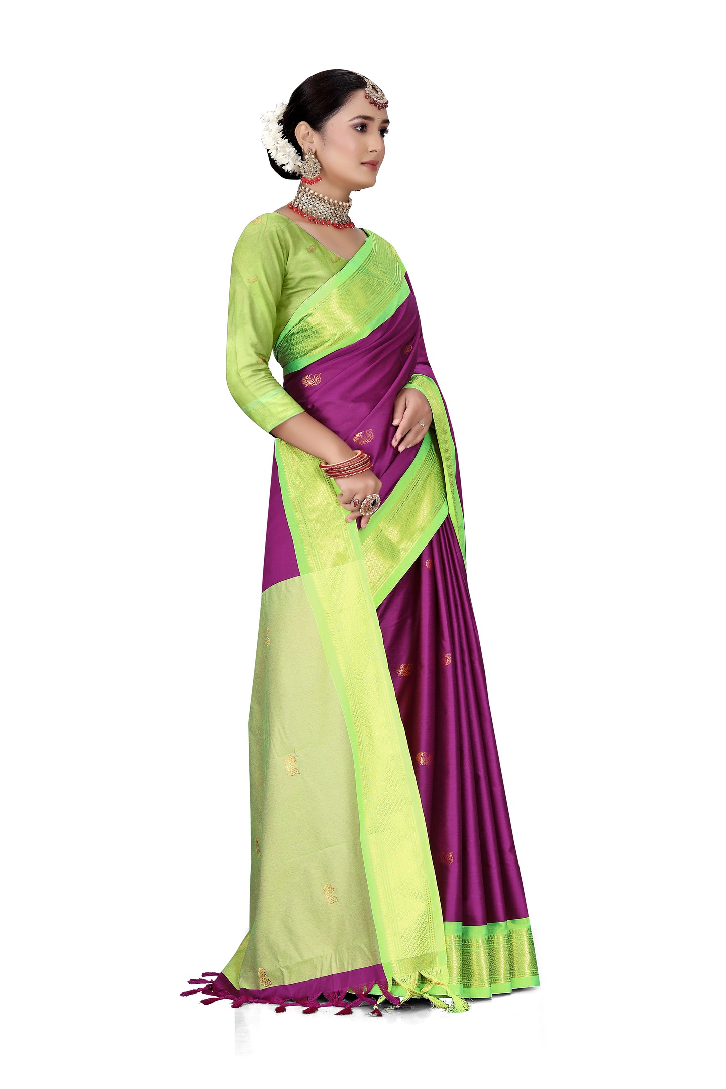 Purple And Light Green Paithani Cotton Silk Saree With Contrast Blouse And Contrast Plain Pallu With Golden Zari Butta