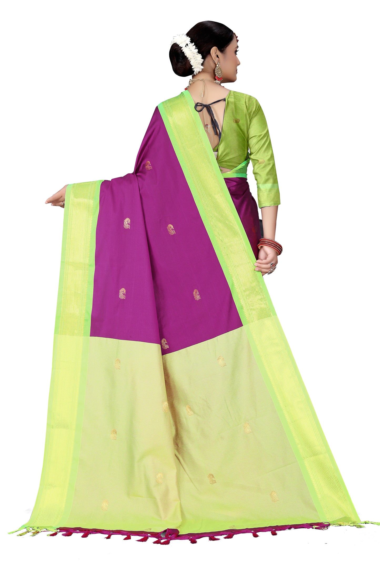 Purple And Light Green Paithani Cotton Silk Saree With Contrast Blouse And Contrast Plain Pallu With Golden Zari Butta