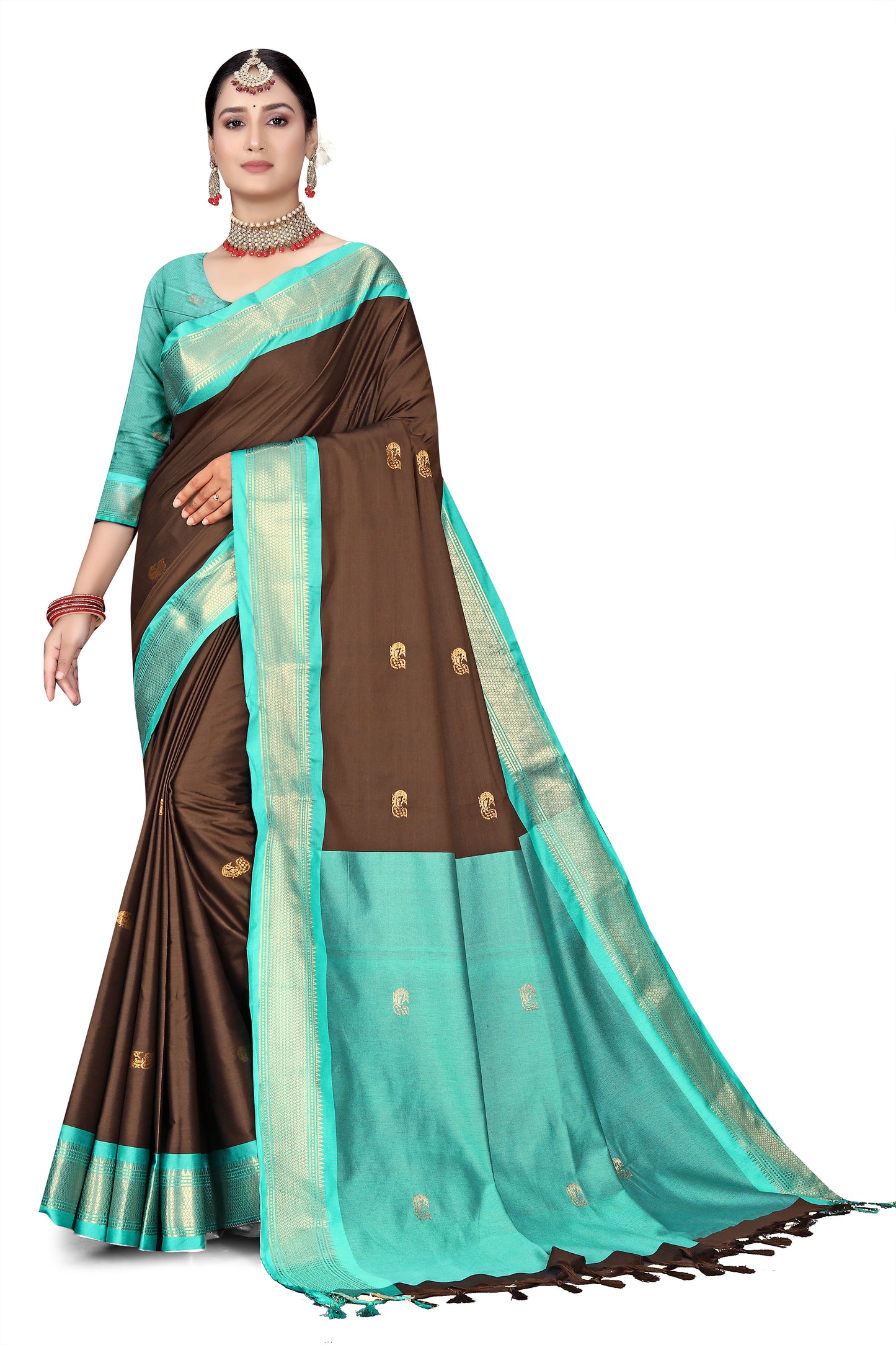 Coffee And C-Green Paithani Cotton Silk Saree With Contrast Blouse And Contrast Plain Pallu With Golden Zari Butta