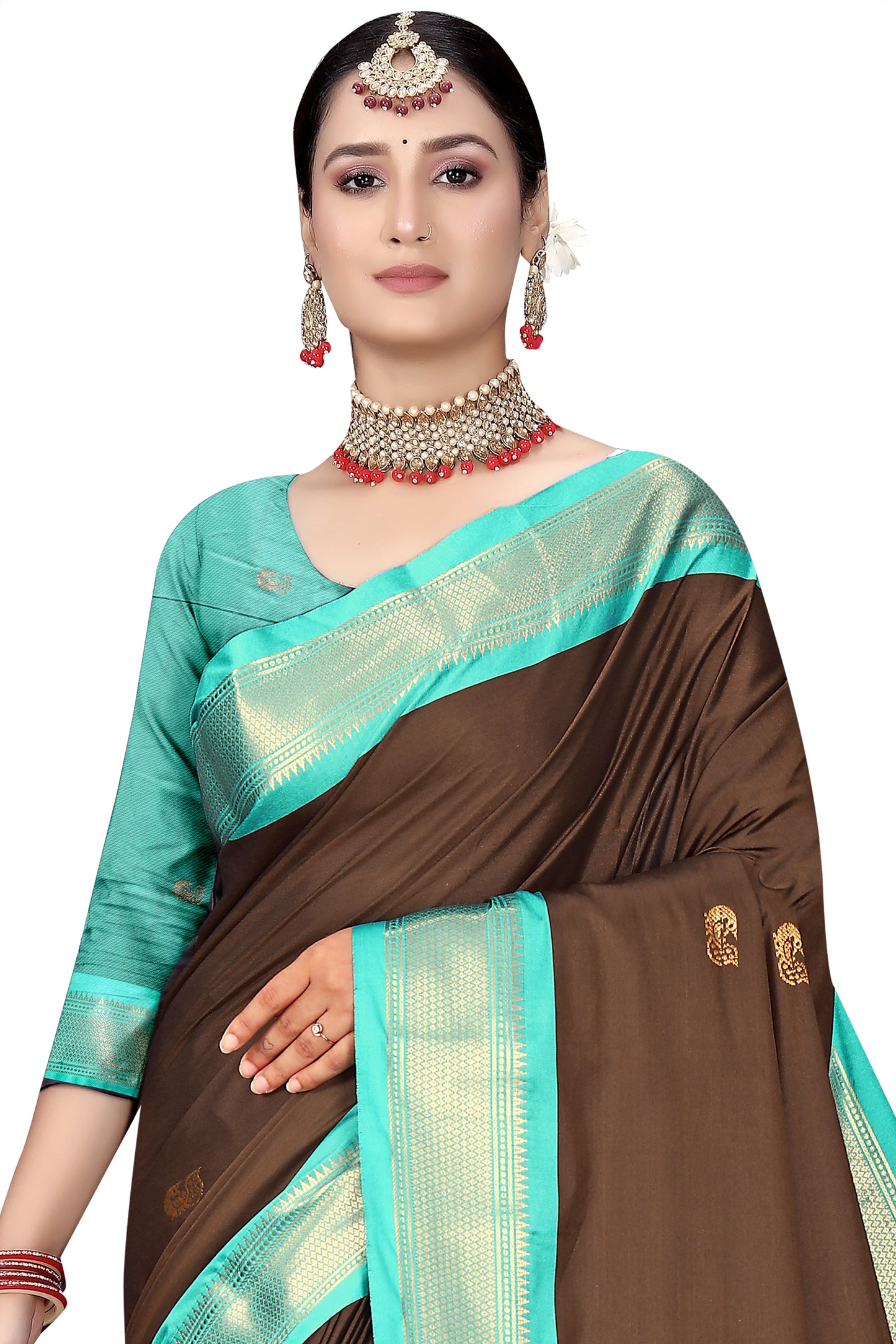 Coffee And C-Green Paithani Cotton Silk Saree With Contrast Blouse And Contrast Plain Pallu With Golden Zari Butta