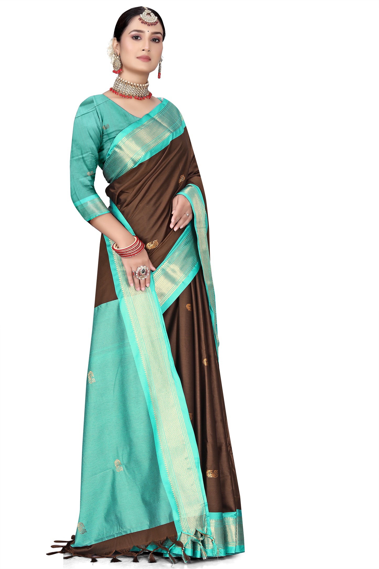 Coffee And C-Green Paithani Cotton Silk Saree With Contrast Blouse And Contrast Plain Pallu With Golden Zari Butta