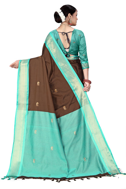 Coffee And C-Green Paithani Cotton Silk Saree With Contrast Blouse And Contrast Plain Pallu With Golden Zari Butta