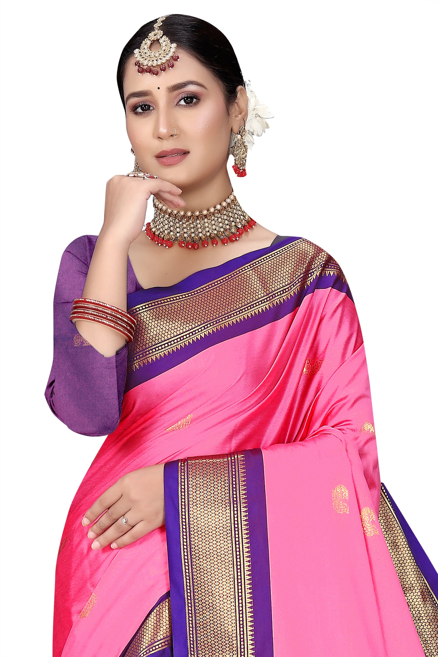 Light Pink And Navy Blue Paithani Cotton Silk Saree With Contrast Blouse And Contrast Plain Pallu With Golden Zari Butta