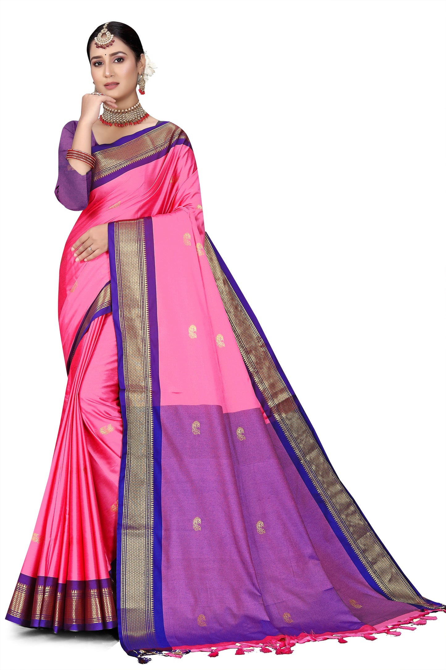 Light Pink And Navy Blue Paithani Cotton Silk Saree With Contrast Blouse And Contrast Plain Pallu With Golden Zari Butta