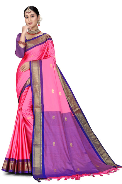 Light Pink And Navy Blue Paithani Cotton Silk Saree With Contrast Blouse And Contrast Plain Pallu With Golden Zari Butta