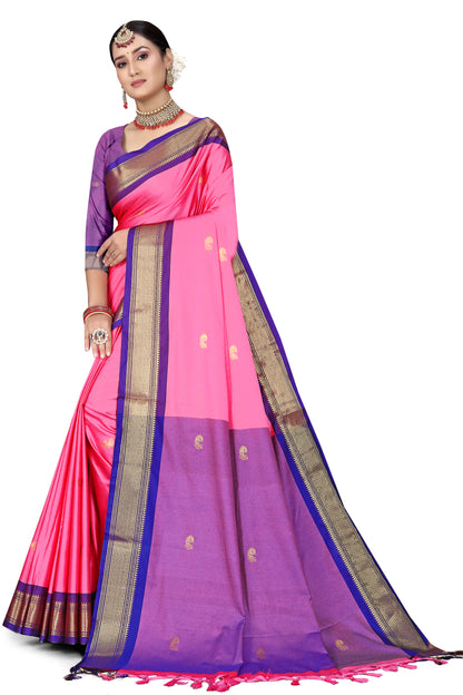 Light Pink And Navy Blue Paithani Cotton Silk Saree With Contrast Blouse And Contrast Plain Pallu With Golden Zari Butta