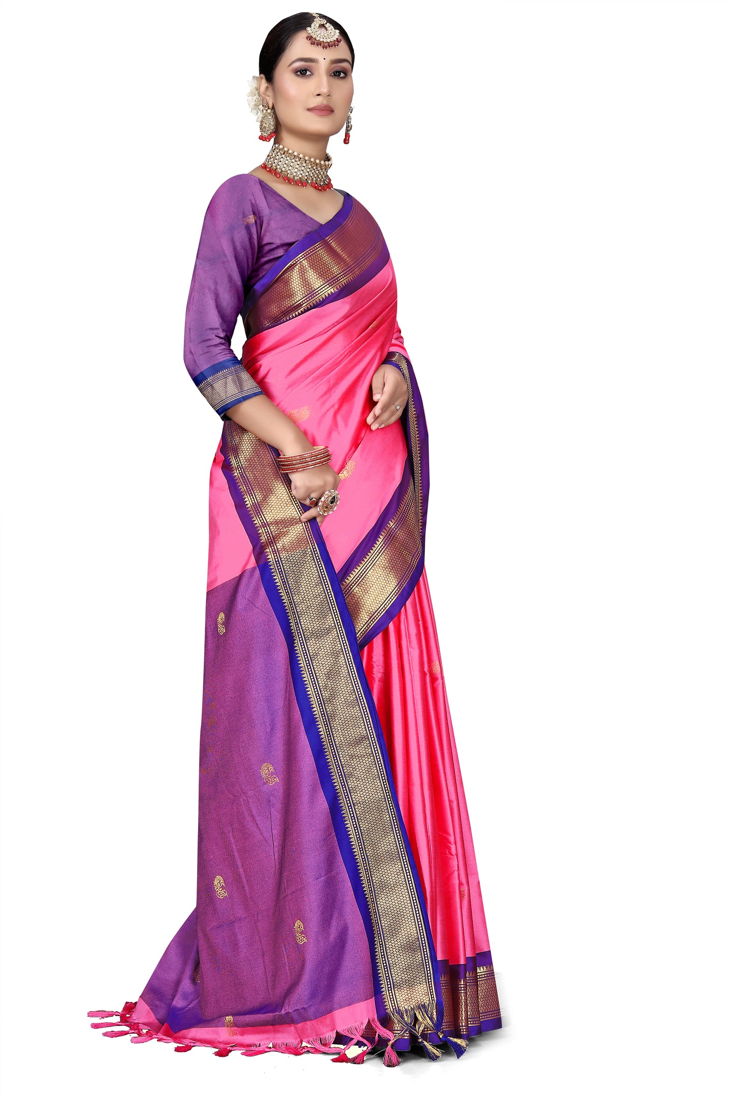 Light Pink And Navy Blue Paithani Cotton Silk Saree With Contrast Blouse And Contrast Plain Pallu With Golden Zari Butta