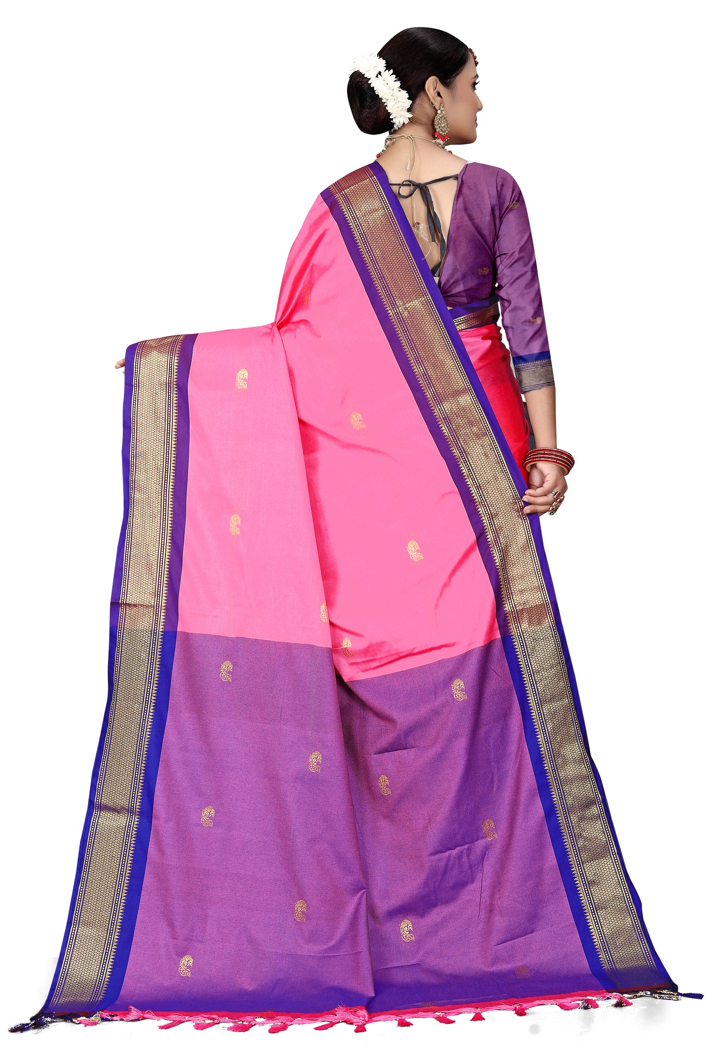 Light Pink And Navy Blue Paithani Cotton Silk Saree With Contrast Blouse And Contrast Plain Pallu With Golden Zari Butta