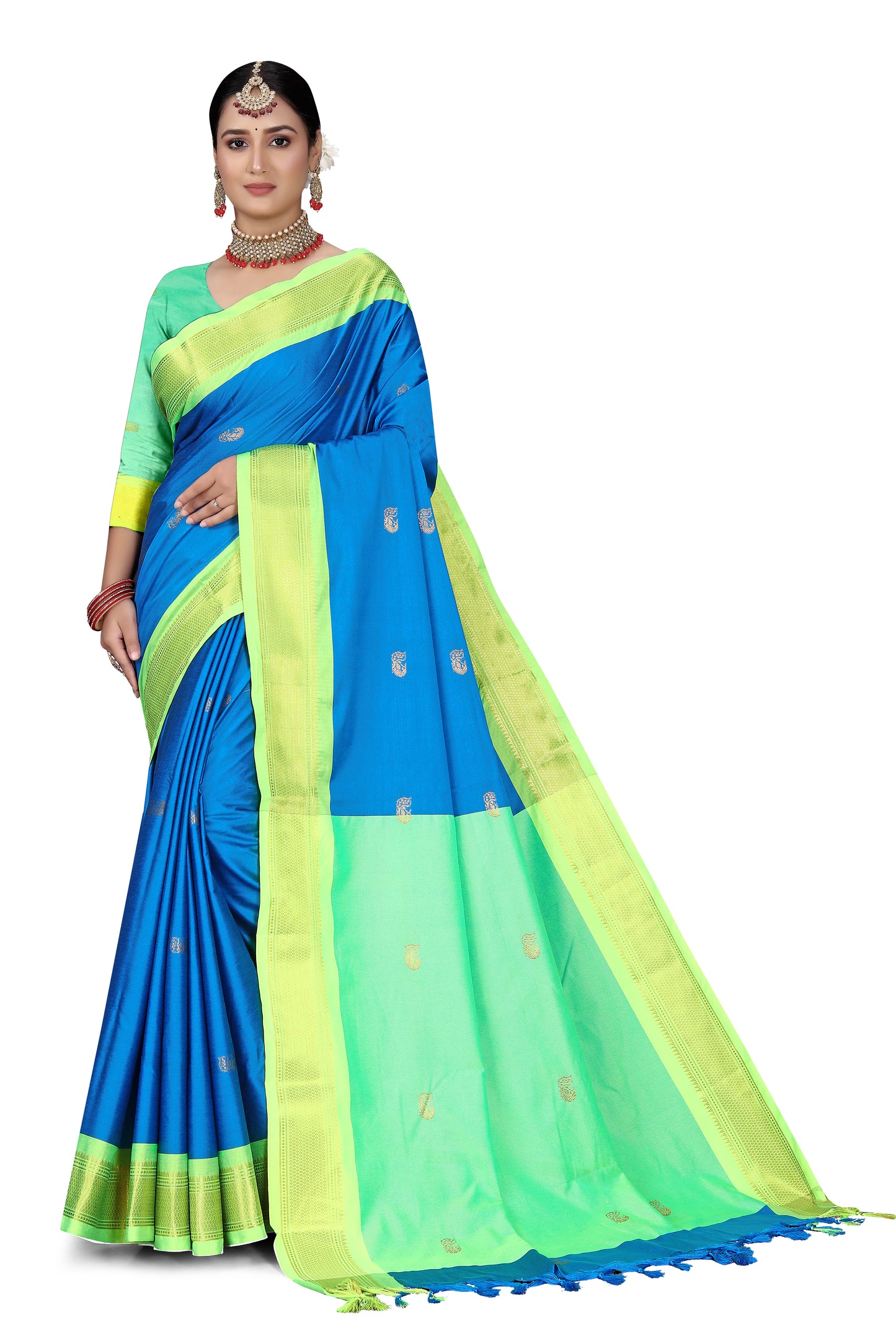 Light Blue And Light Green Paithani Cotton Silk Saree With Contrast Blouse And Contrast Plain Pallu With Golden Zari Butta