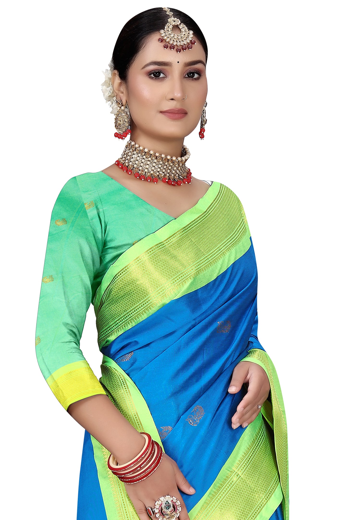 Light Blue And Light Green Paithani Cotton Silk Saree With Contrast Blouse And Contrast Plain Pallu With Golden Zari Butta