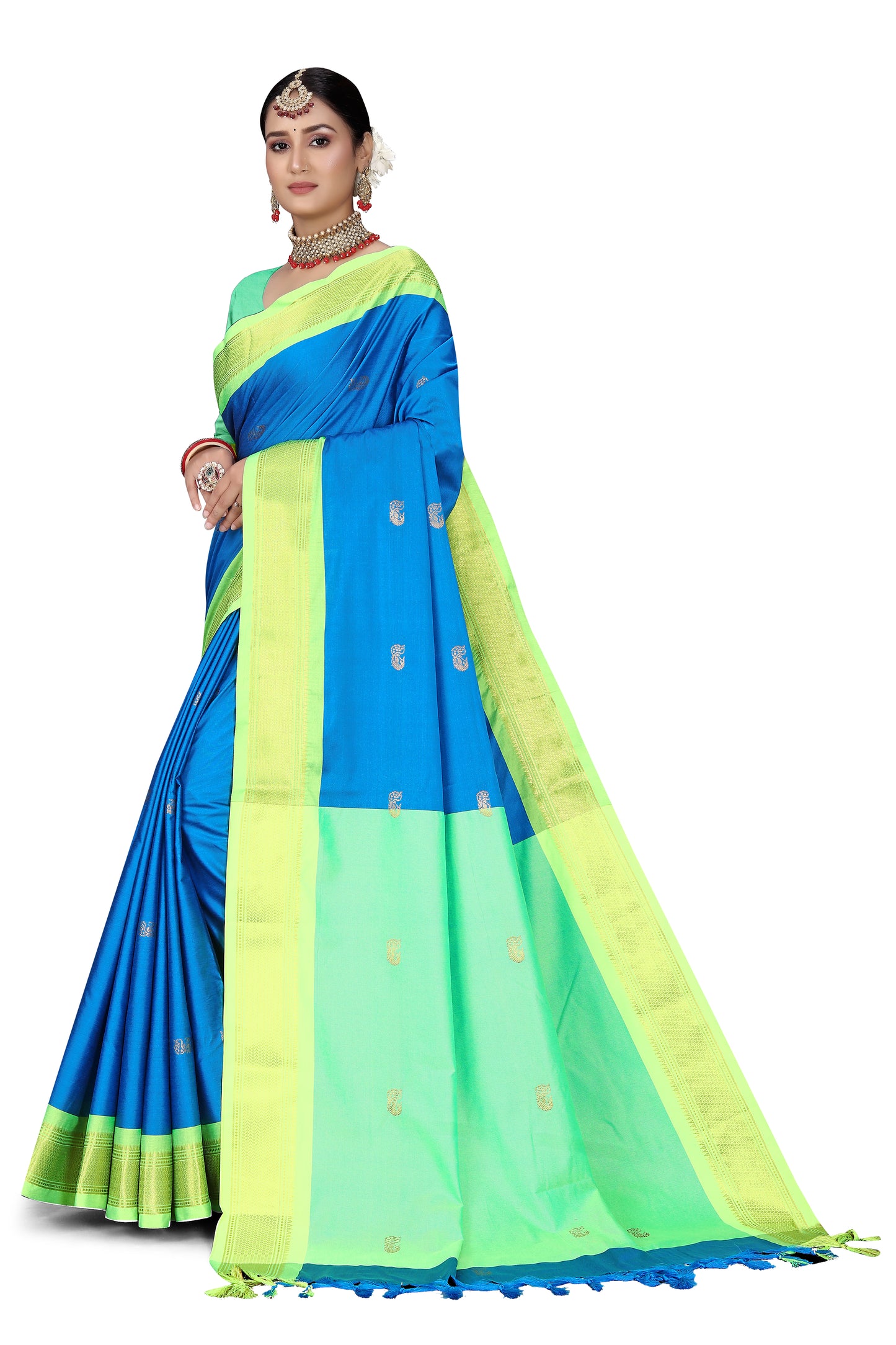 Light Blue And Light Green Paithani Cotton Silk Saree With Contrast Blouse And Contrast Plain Pallu With Golden Zari Butta