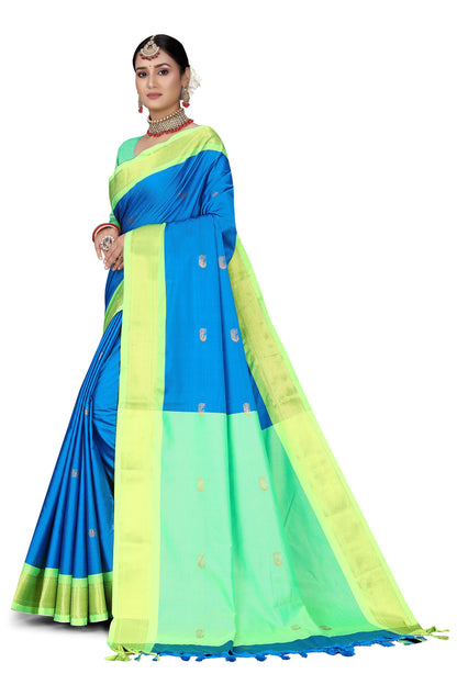 Light Blue And Light Green Paithani Cotton Silk Saree With Contrast Blouse And Contrast Plain Pallu With Golden Zari Butta