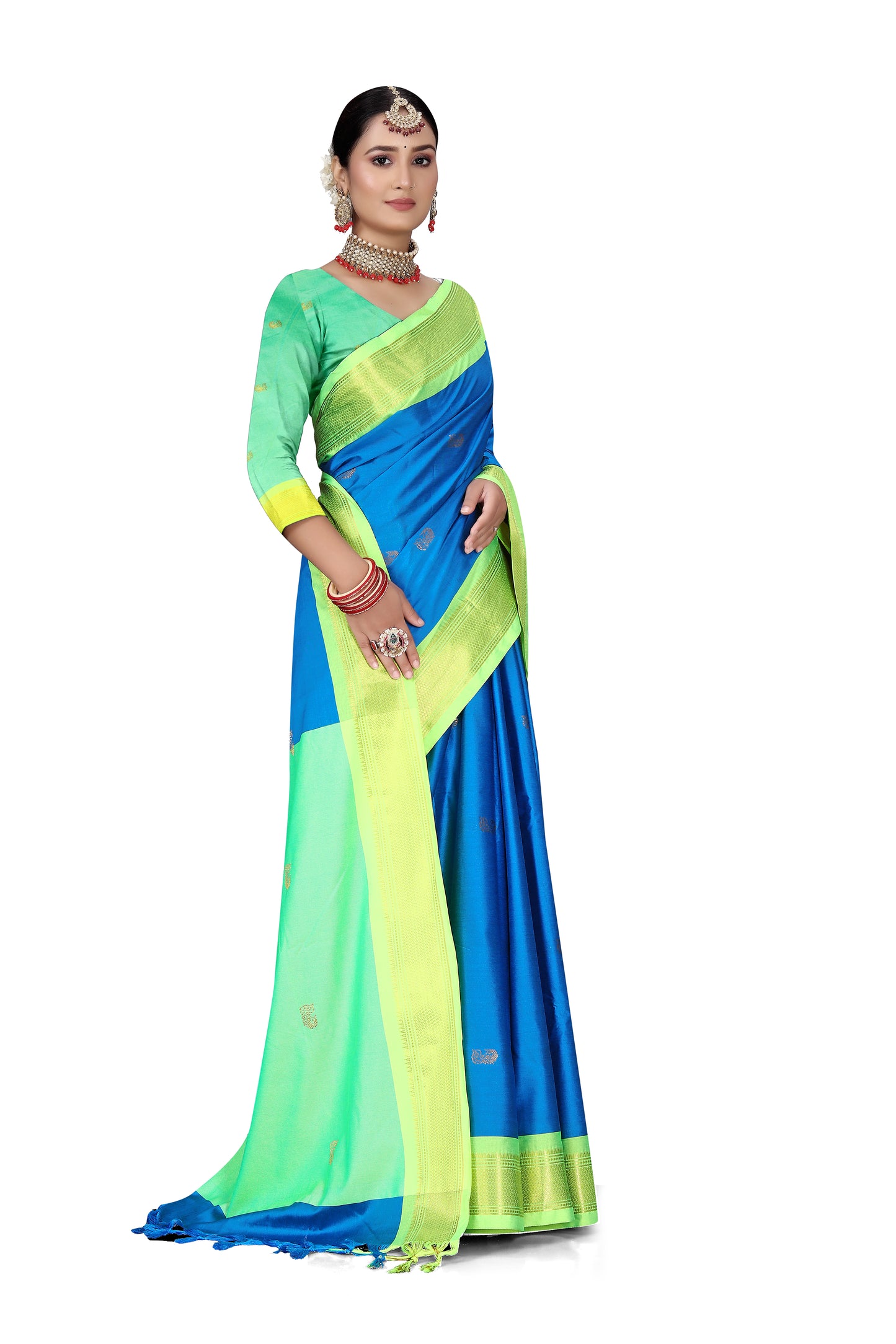 Light Blue And Light Green Paithani Cotton Silk Saree With Contrast Blouse And Contrast Plain Pallu With Golden Zari Butta