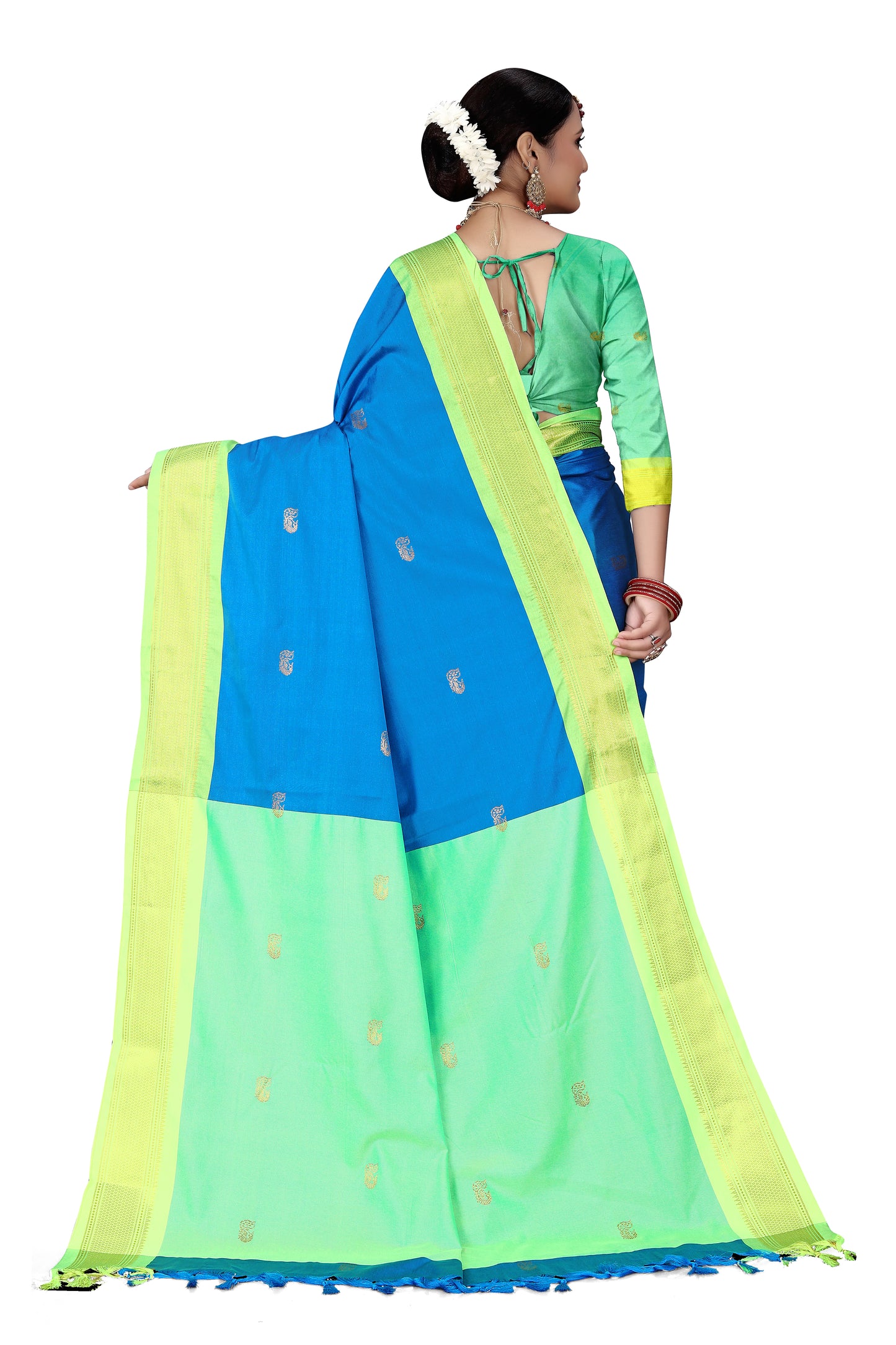 Light Blue And Light Green Paithani Cotton Silk Saree With Contrast Blouse And Contrast Plain Pallu With Golden Zari Butta